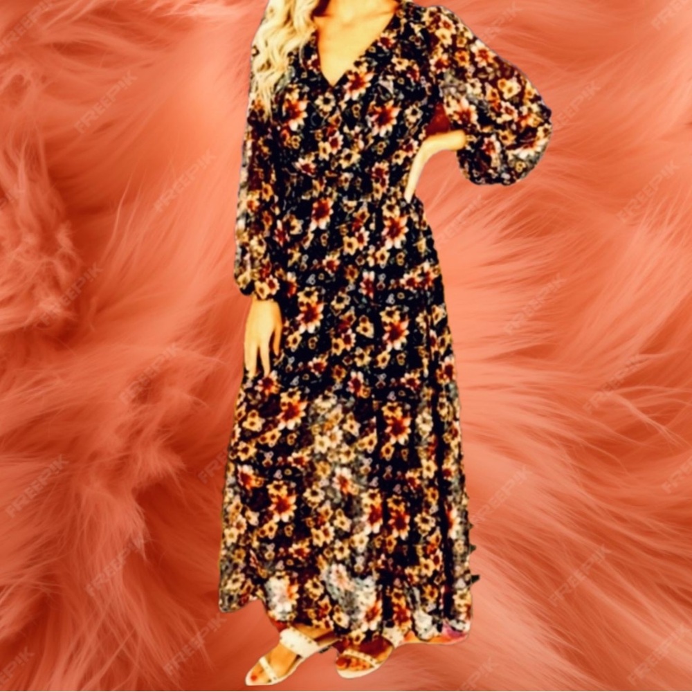 Peach Love California Boho Floral Sheer Overlay V-neck Swing Midi Dress
